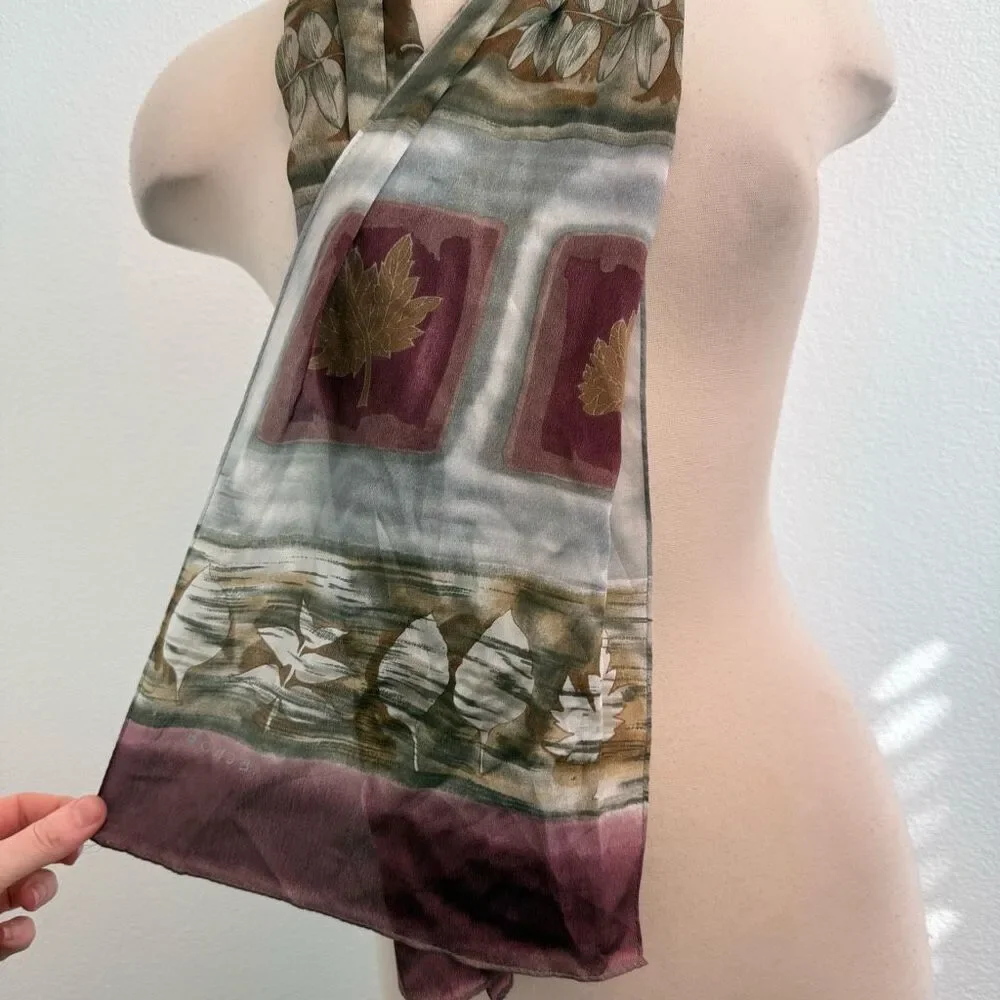 Vintage Silk Echo Scarf Leaf Leaves Burgundy Grey White Cream